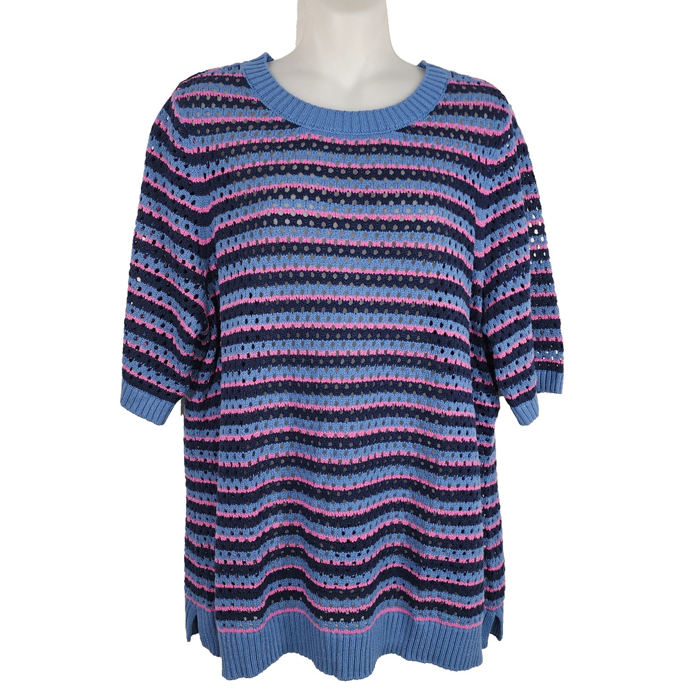 Sport Savvy Women's Striped Open Stitch Sweater Short Sleeve Denim Blue Pink XL